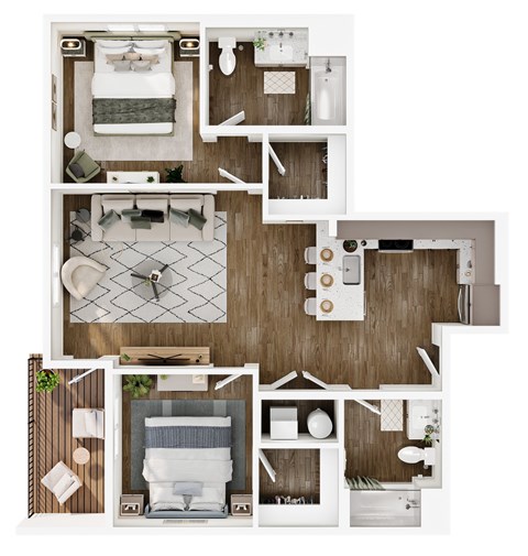 Floor plan for 2 beds, 2 baths, 999 sqft